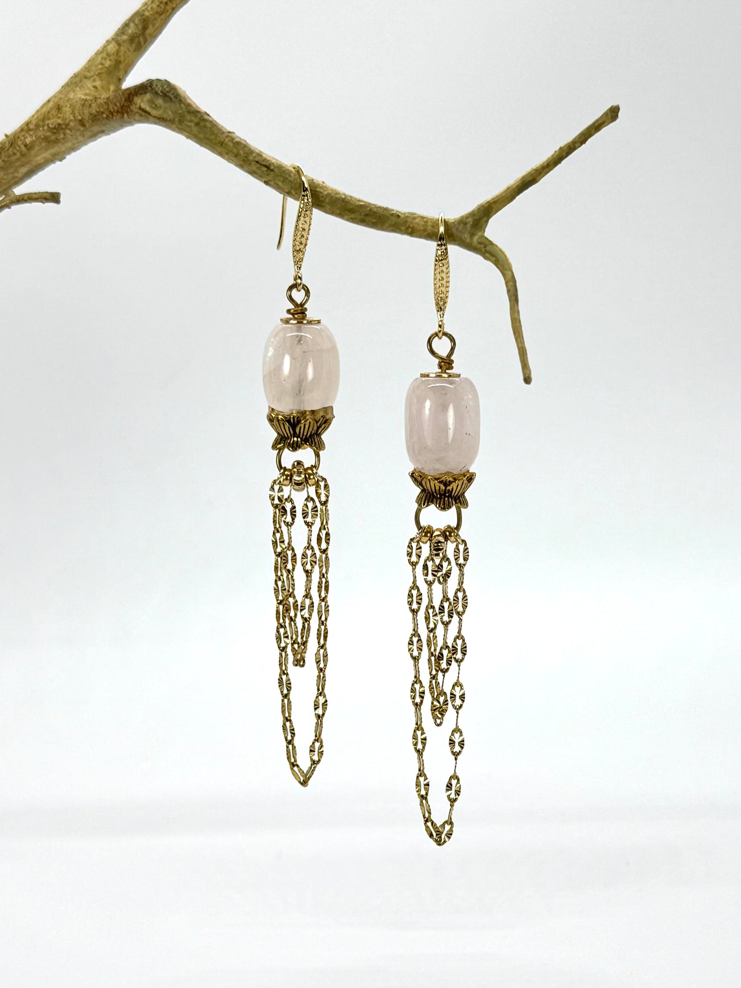 Pair of earrings with chain details hanging from a branch on a white background