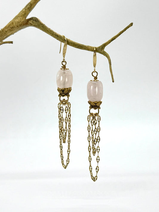 Pair of earrings with chain details hanging from a branch on a white background