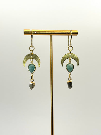 Pair of earrings with green gemstones on a gold stand against a white background