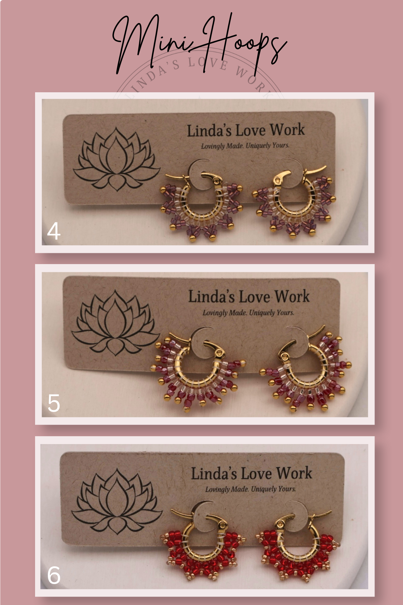 Three pairs of hoop earrings on 'Linda's Love Work' branded cards with a pink background.