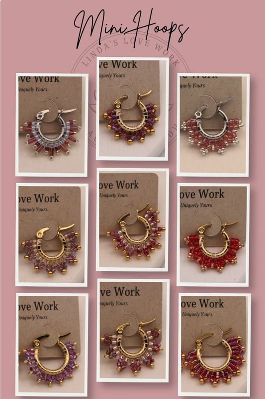 Collage of gold and red hoop earrings on a pink background with 'Mini Hoops' text.