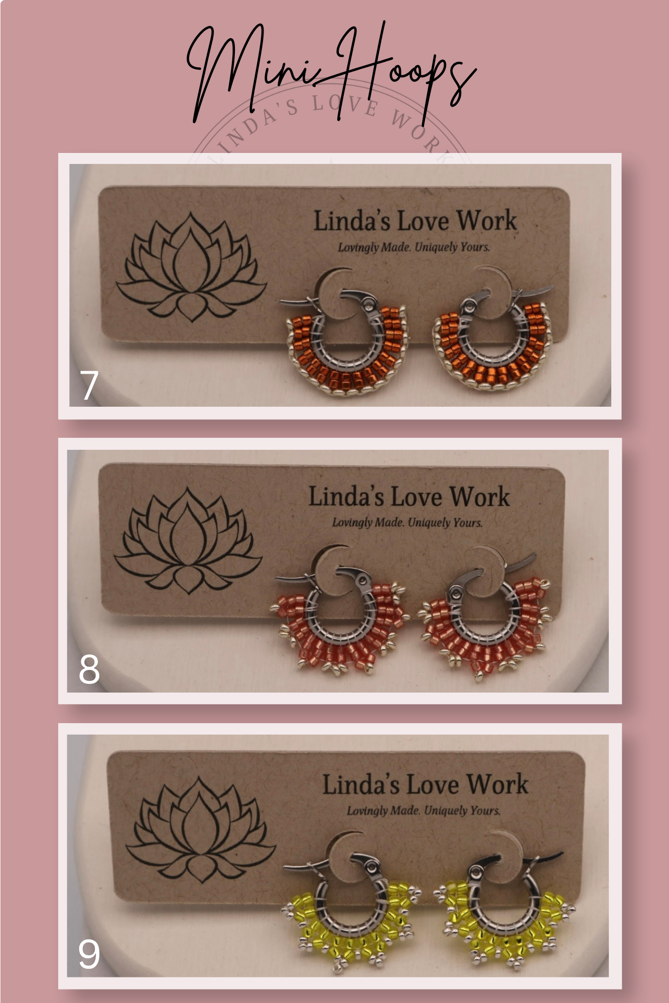 Three pairs of hoop earrings on 'Linda's Love Work' branded cards against a pink background.