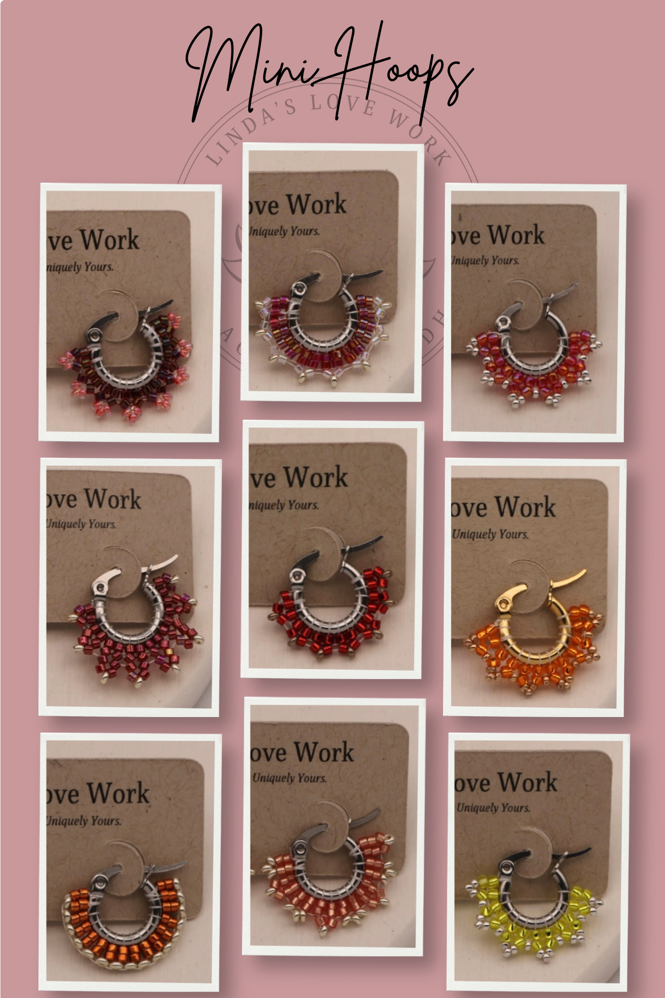 Mini hoop earrings with red and gold beads on brown cards with 'Love Work' text, against a pink background.