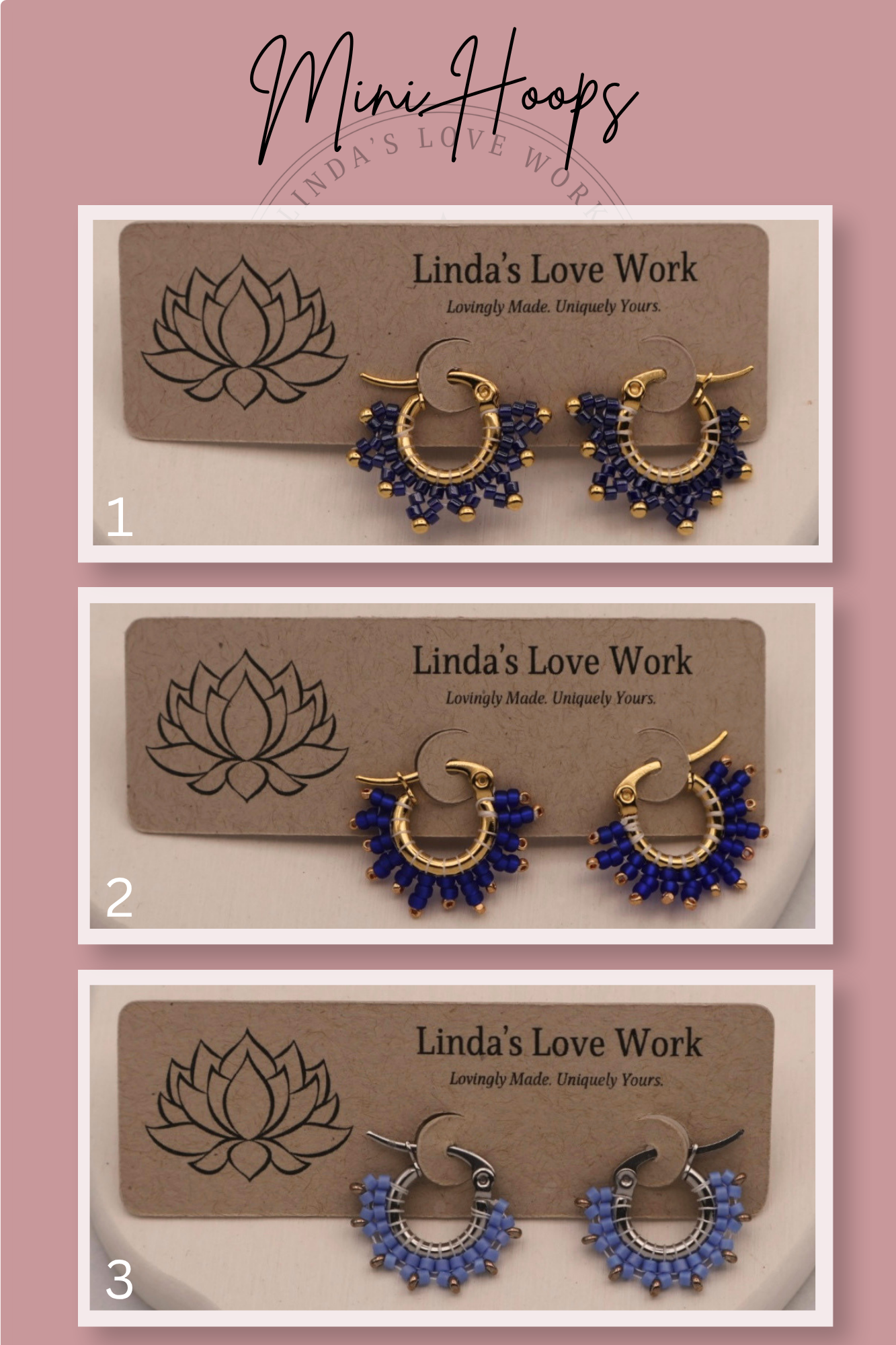 Three pairs of blue hoop earrings on 'Linda's Love Work' branded cards against a pink background.