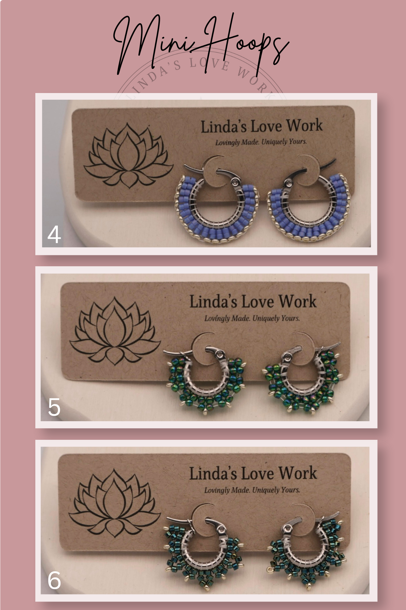 Three pairs of hoop earrings on 'Linda's Love Work' branded cards against a pink background.
