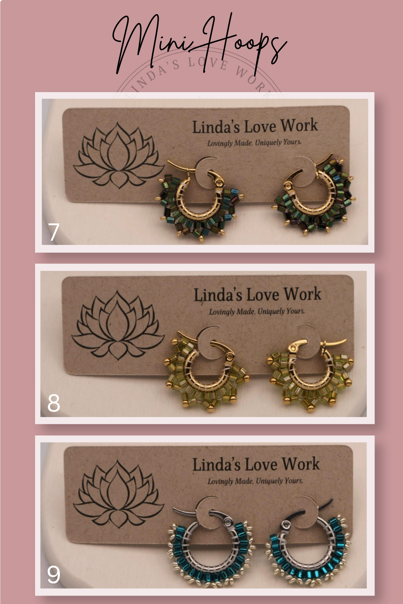 Three pairs of hoop earrings on 'Linda's Love Work' branded cards against a pink background.