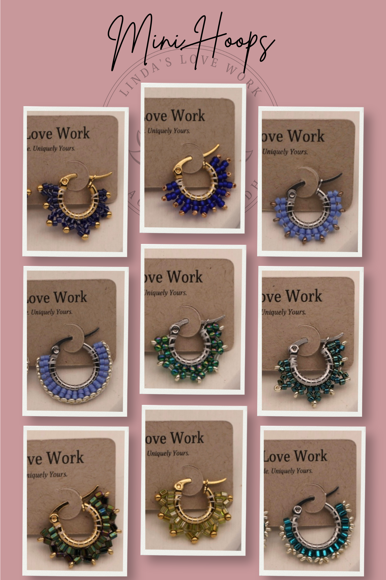 Mini hoop earrings with blue and green gemstones on 'Love Work' branded cards against a pink background.