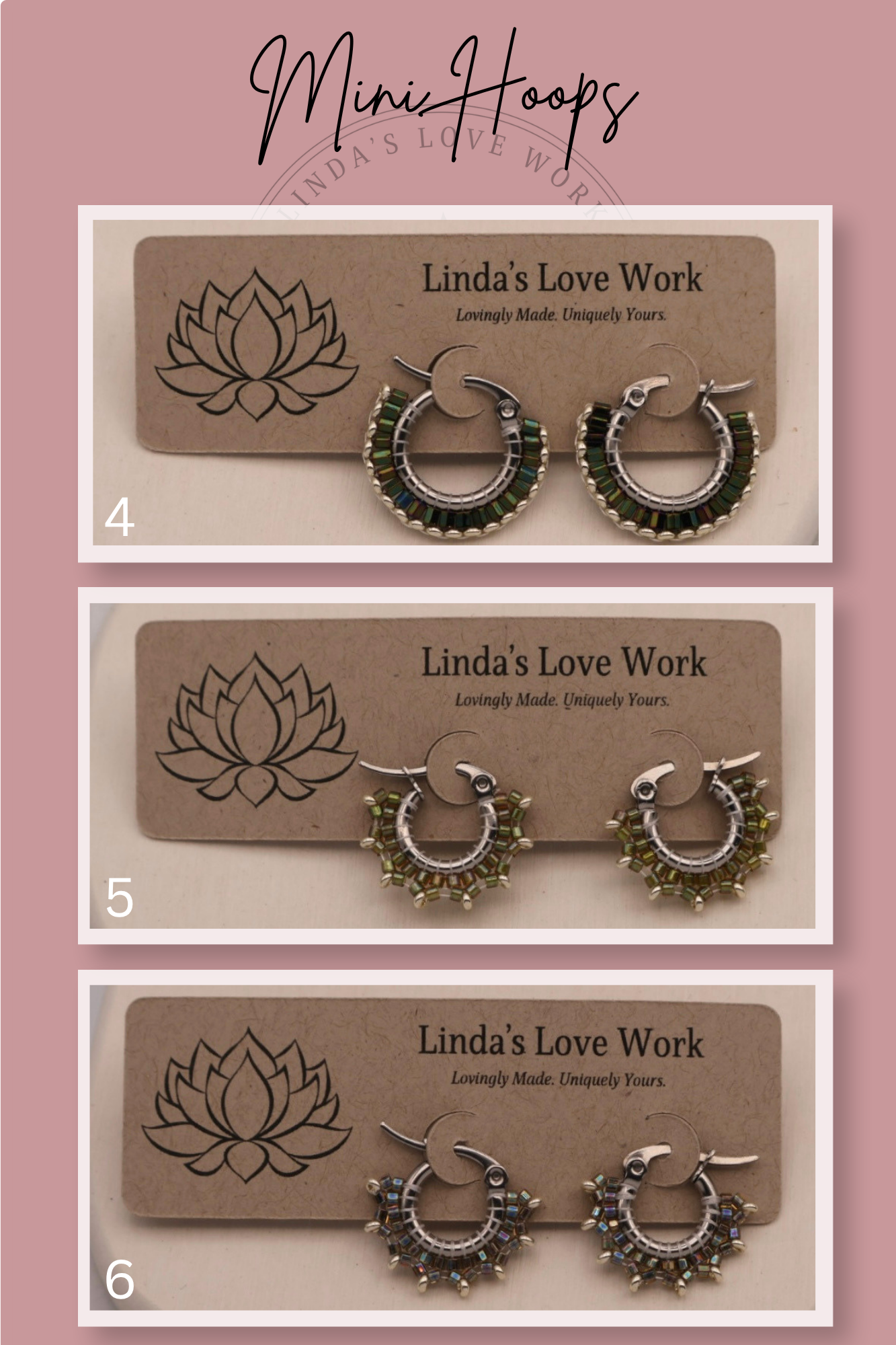 Three pairs of hoop earrings on display with 'Linda's Love Work' branding on a pink background.