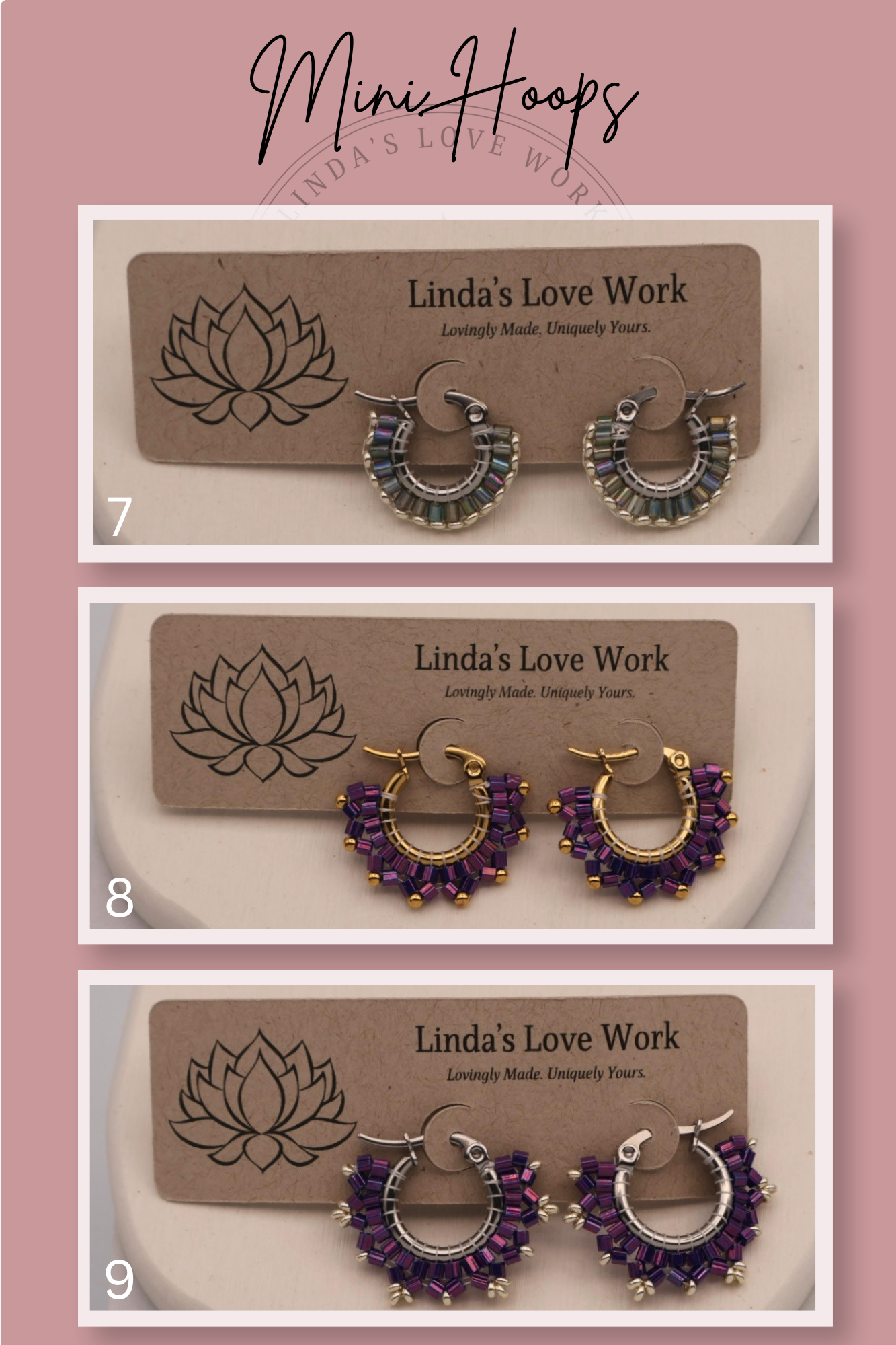 Three pairs of earrings on 'Linda's Love Work' cards against a pink background.