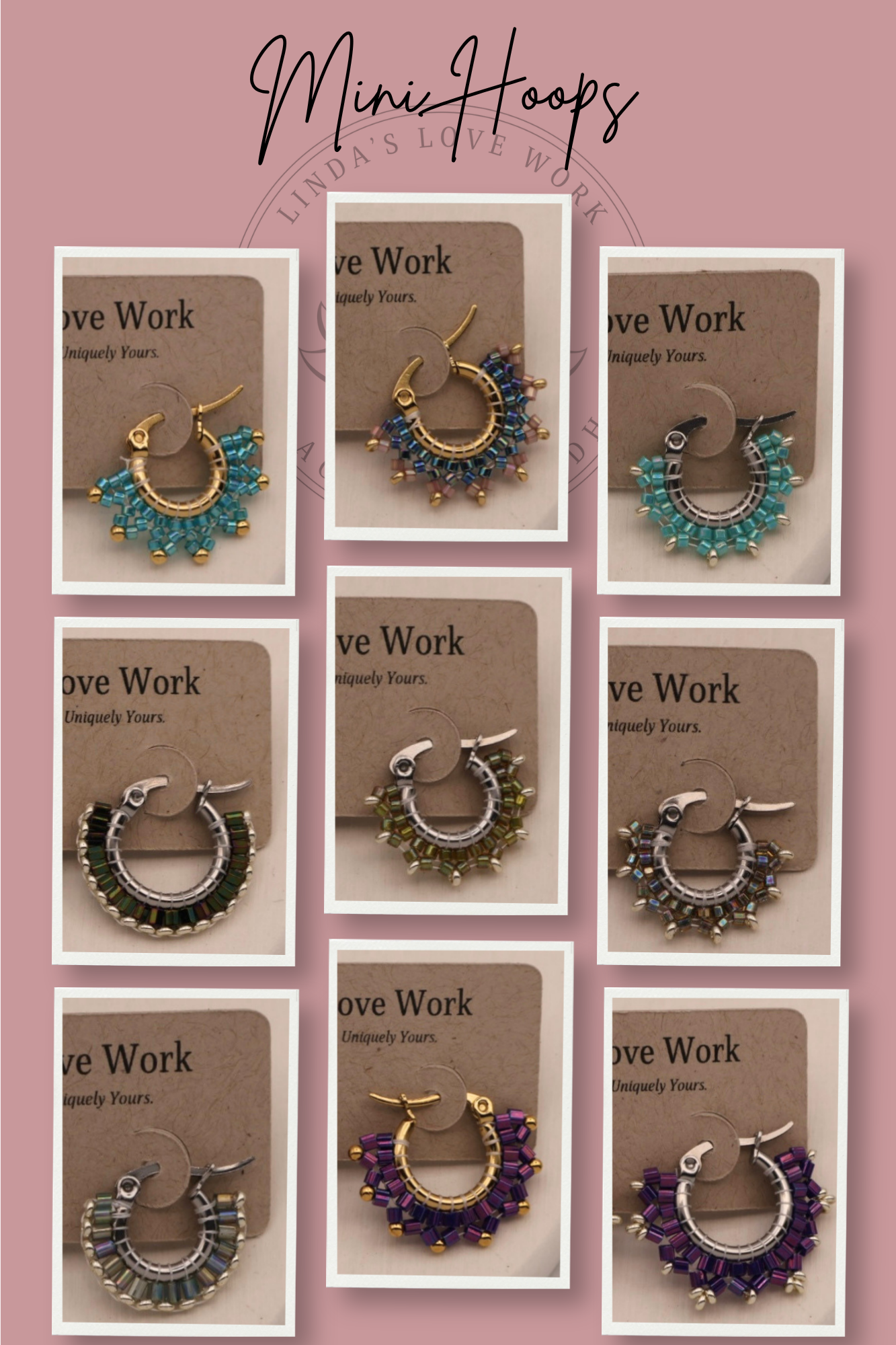 Mini hoop earrings on display with 'Love Work' branding on a pink background