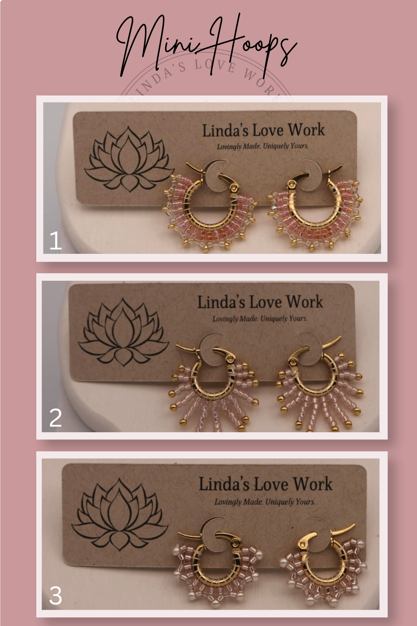 Three pairs of hoop earrings on display with 'Linda's Love Work' branding on a pink background.