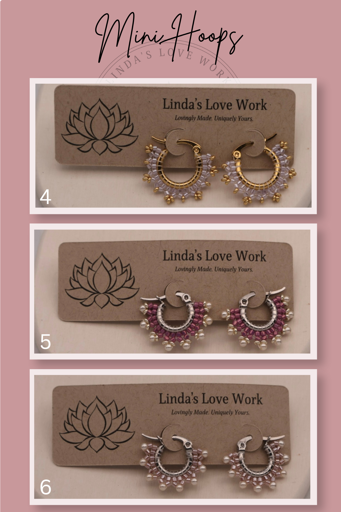 Three pairs of hoop earrings on display with 'Linda's Love Work' branding on a pink background.