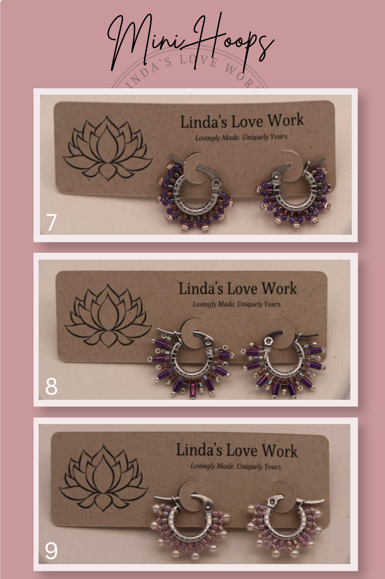 Three pairs of hoop earrings with purple stones on 'Linda's Love Work' cards against a pink background.