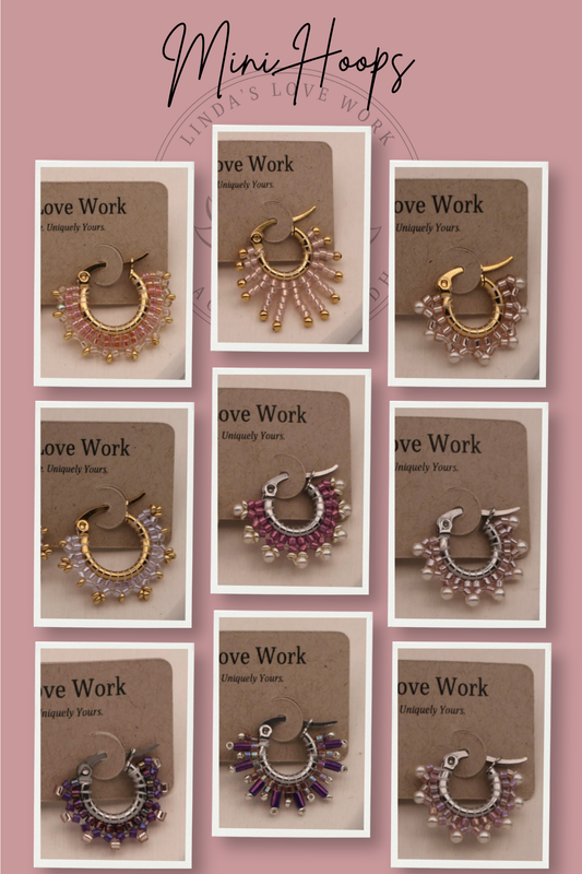 Collage of mini hoop earrings on display with 'Love Work' branding.