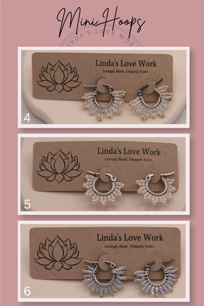 Three sets of earrings on display with 'Linda's Love Work' branding on a pink background.