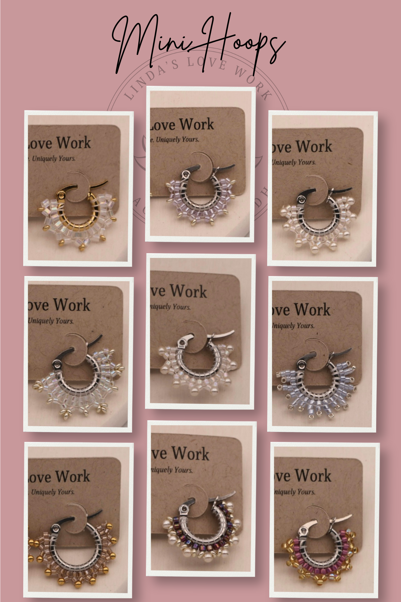 Mini hoop earrings on branded cards with a pink background