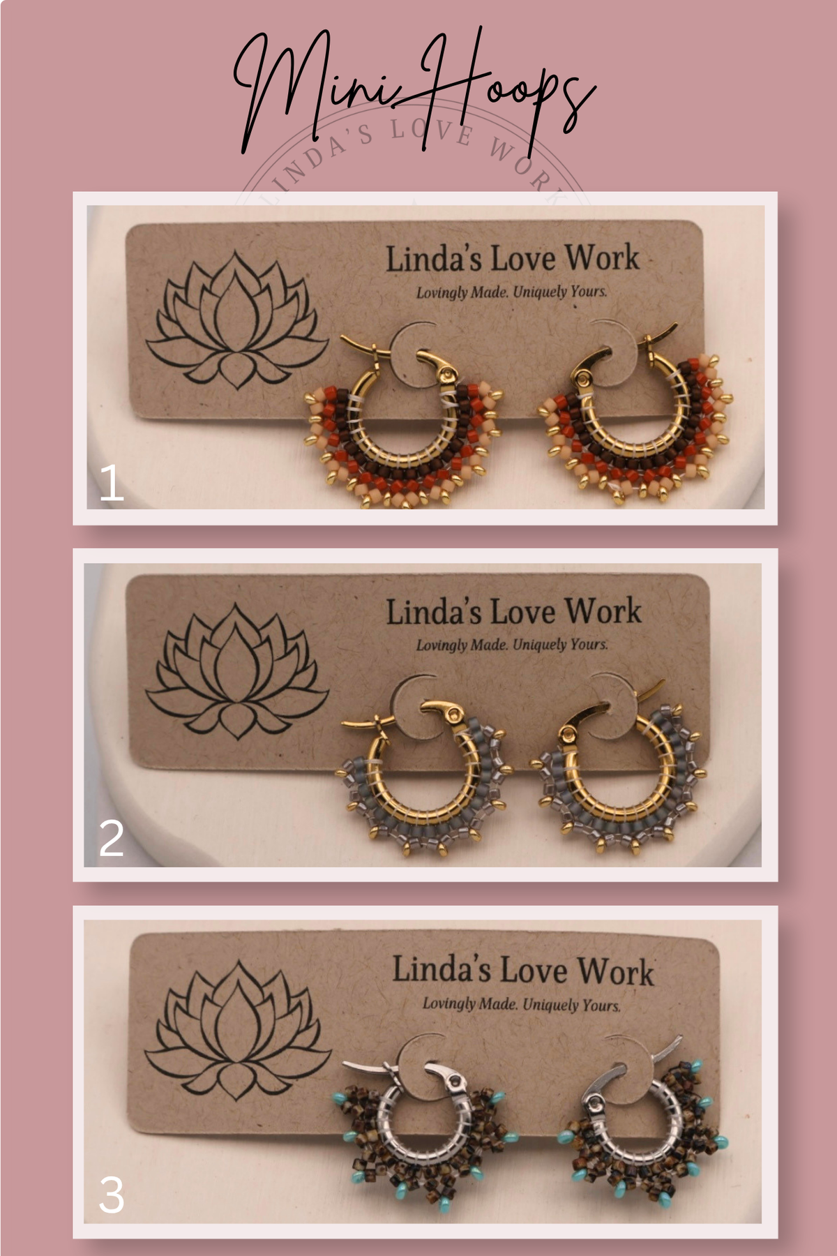 Three pairs of hoop earrings on 'Linda's Love Work' branded cards against a pink background.