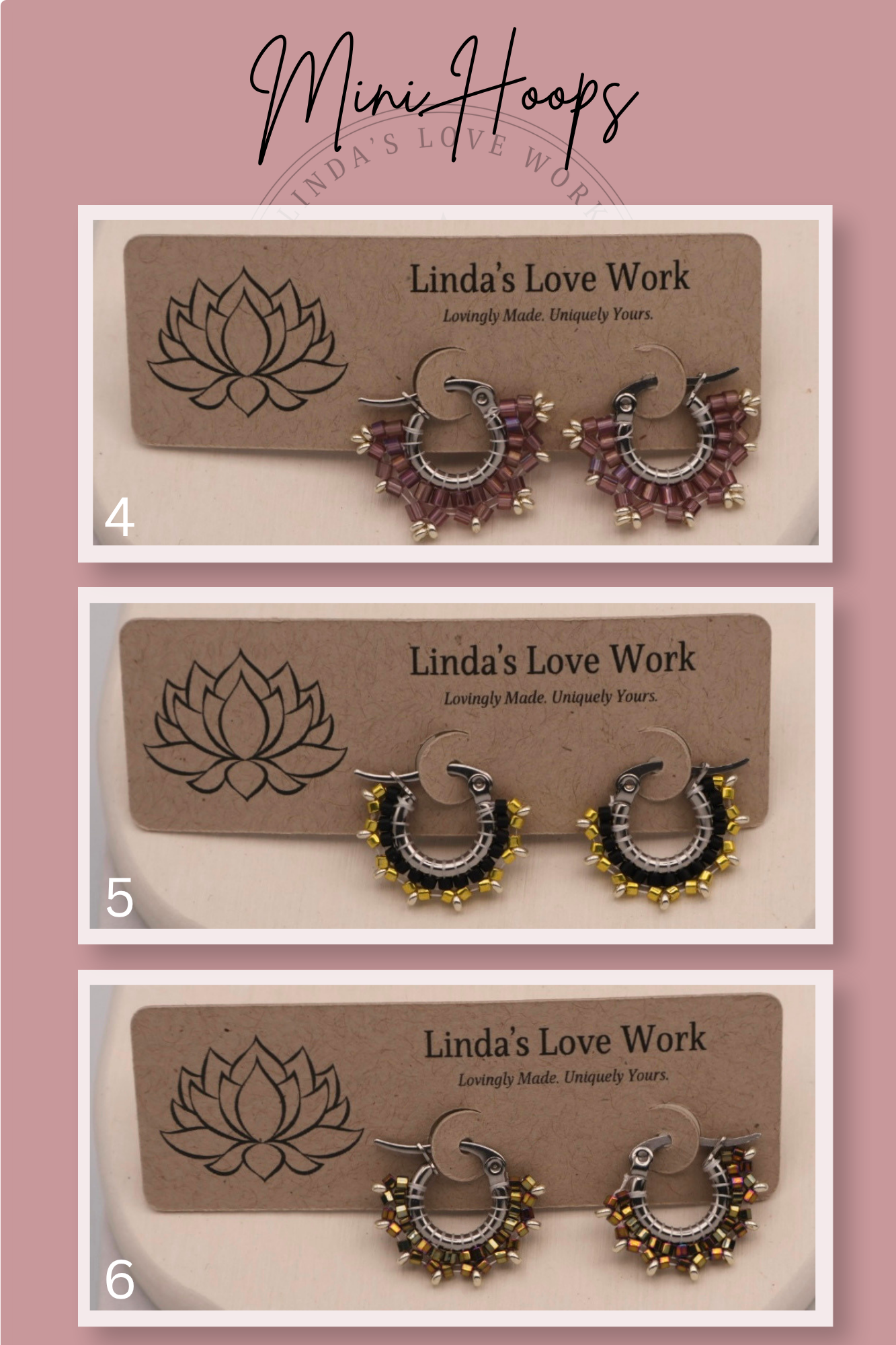 Three pairs of hoop earrings on 'Linda's Love Work' branded cards against a pink background.
