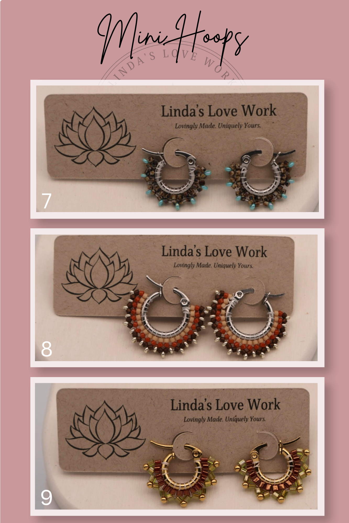 Three pairs of earrings on display with 'Linda's Love Work' tags against a pink background.