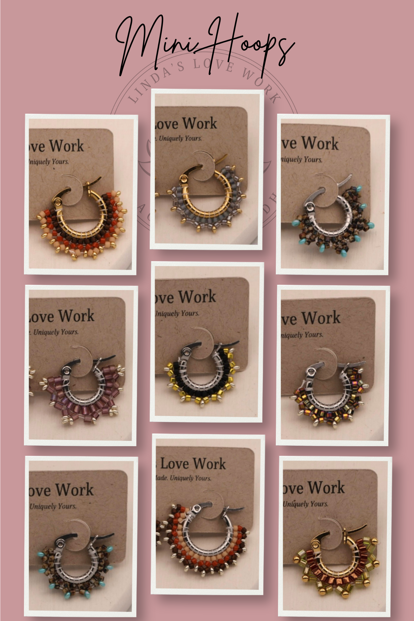 Mini hoop earrings displayed on cards with 'Love Work' branding against a pink background.