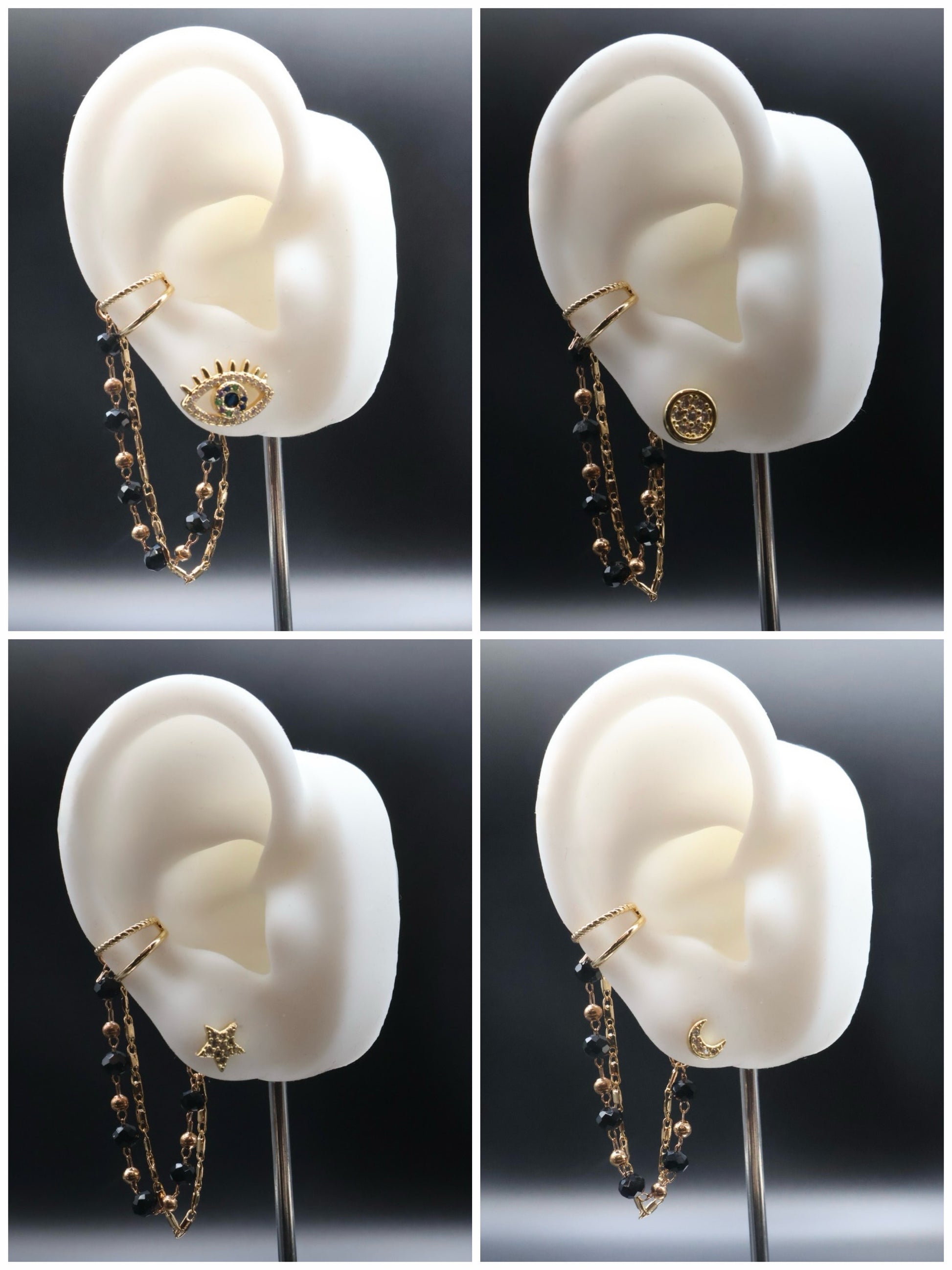 Four views of an earring on a white ear model against a dark background