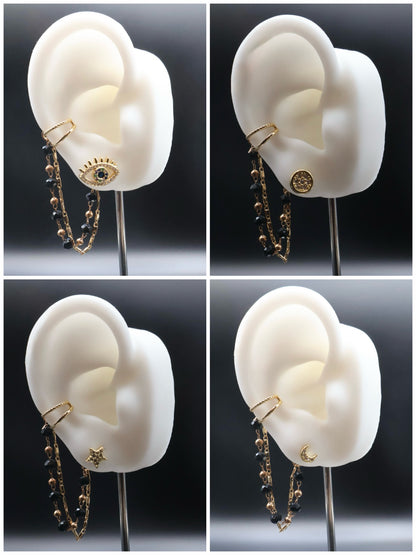 Four views of an earring on a white ear model against a dark background