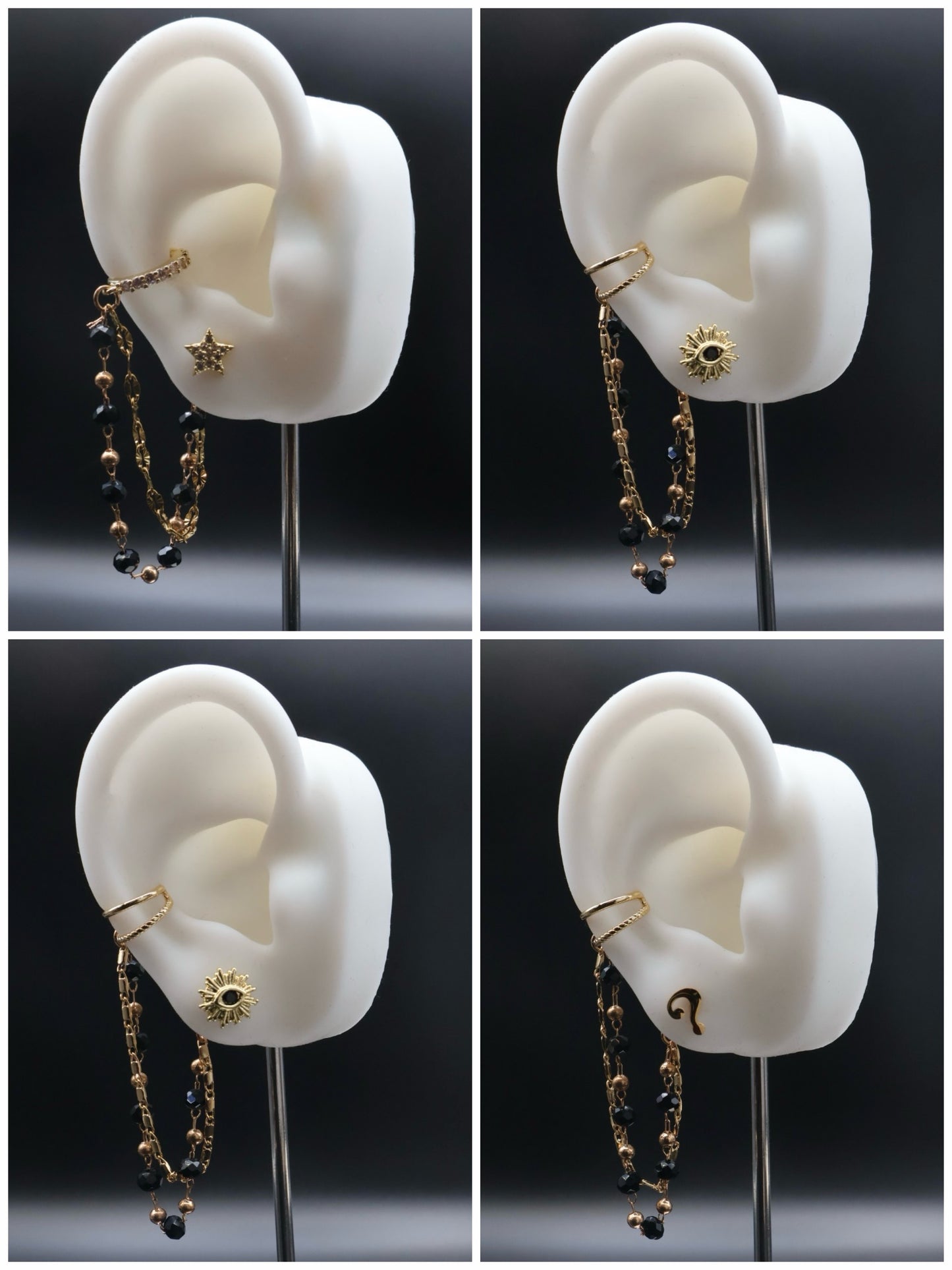 Four views of an ear cuff with gold chain and black beads on a white ear model against a dark background.