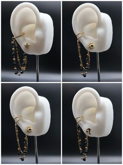 Four views of an ear cuff with gold chain and black beads on a white ear model against a dark background.