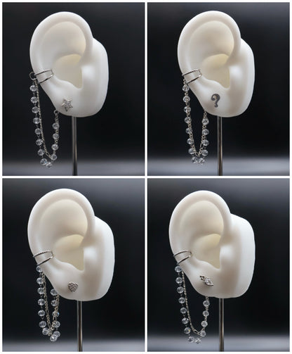 Four views of an earring on a white ear model with a black background