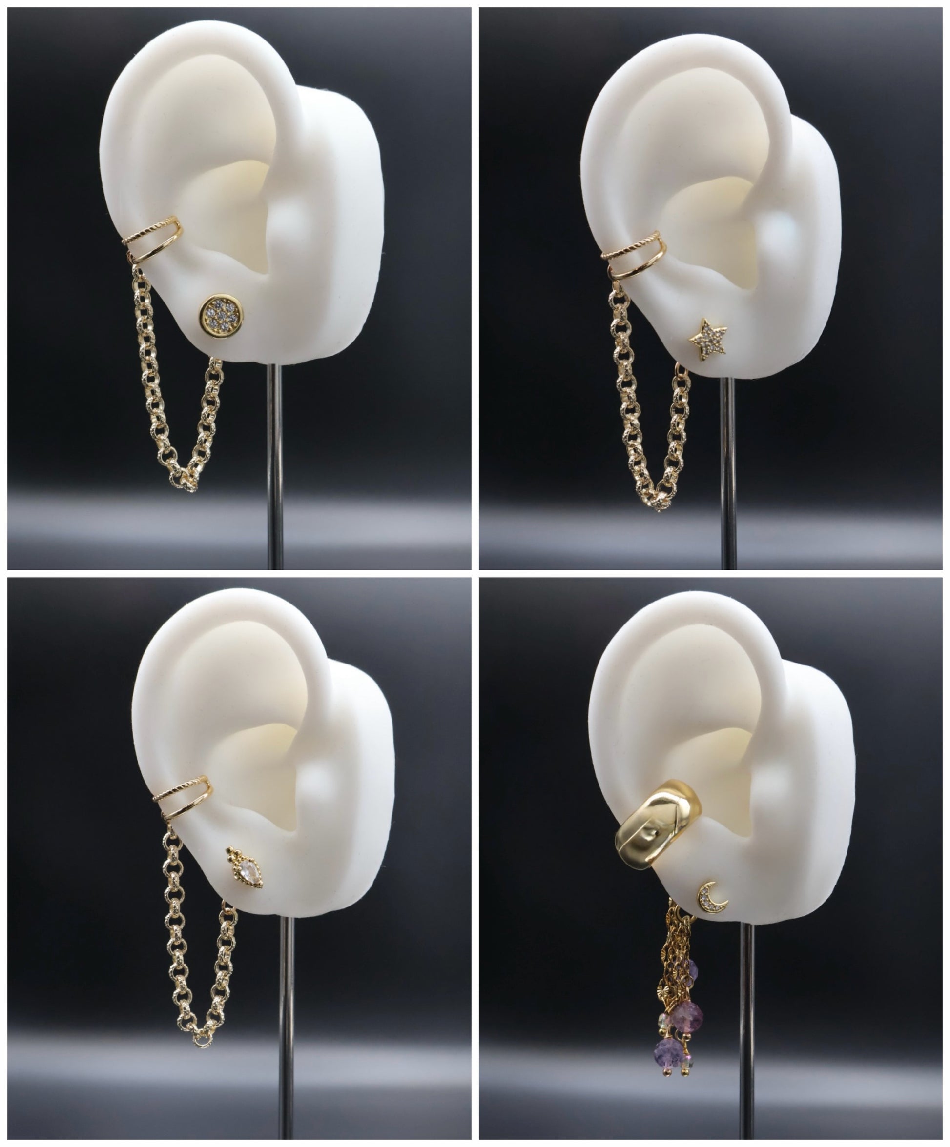 Gold chain earring displayed on a white ear model against a black background