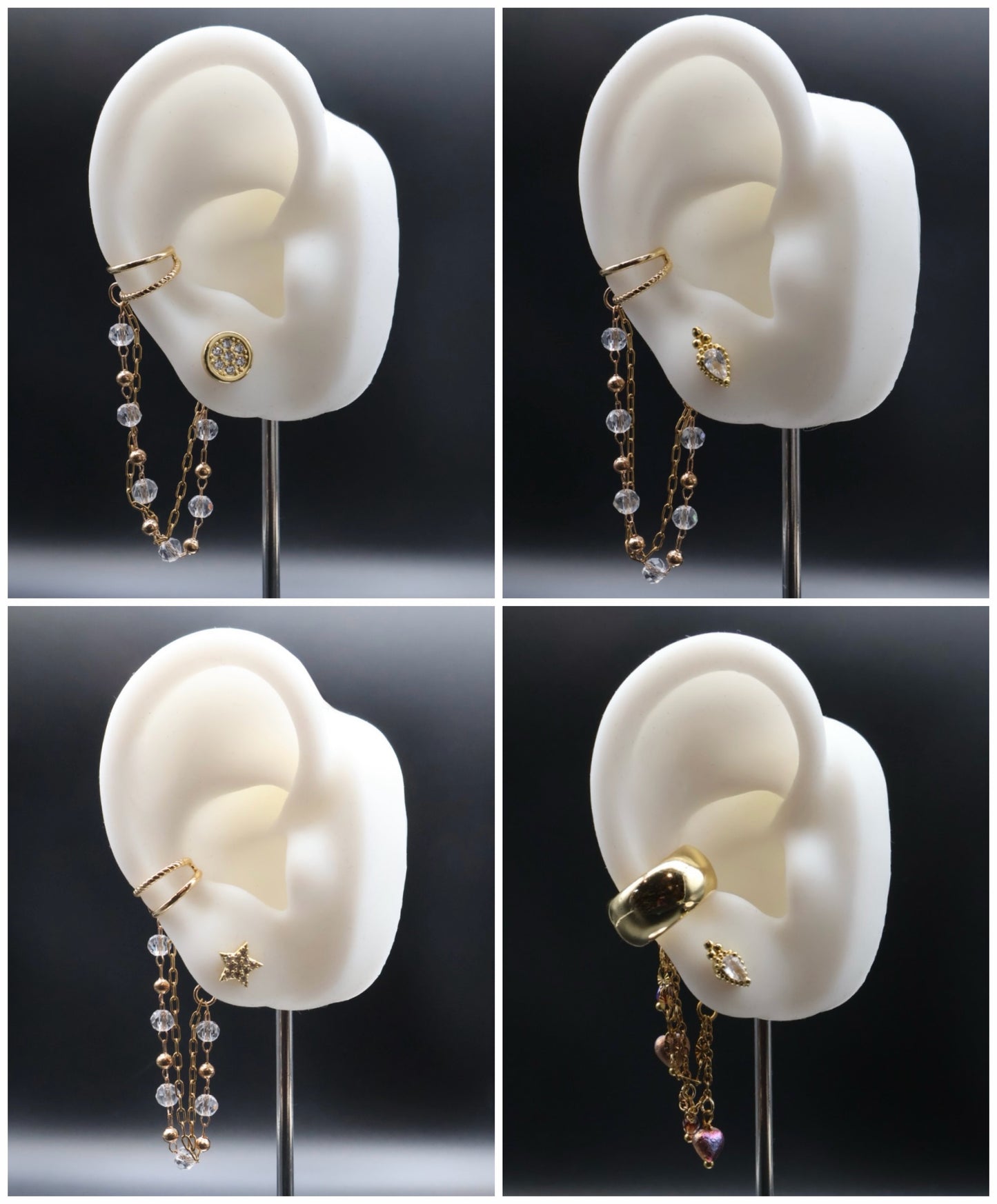 Collage of four views of an earring on a white ear model with a dark background.