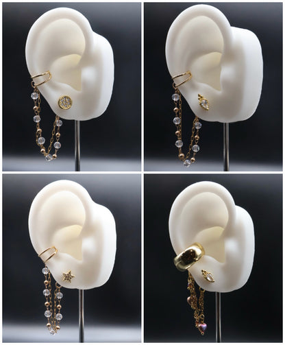 Collage of four views of an earring on a white ear model with a dark background.