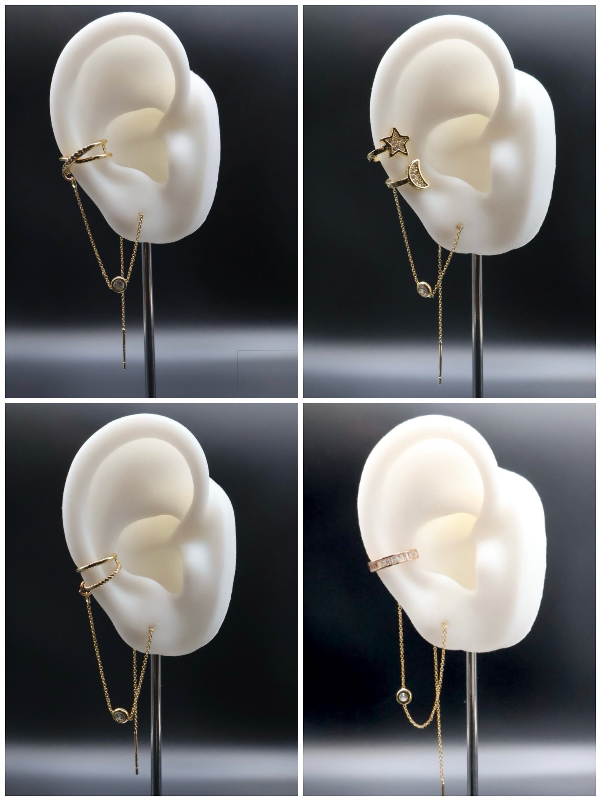 Collage of four views of an ear cuff on a black background