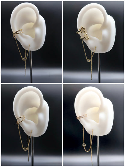 Collage of four views of an ear cuff on a black background