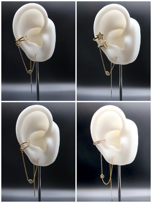 Collage of four views of an ear cuff on a black background