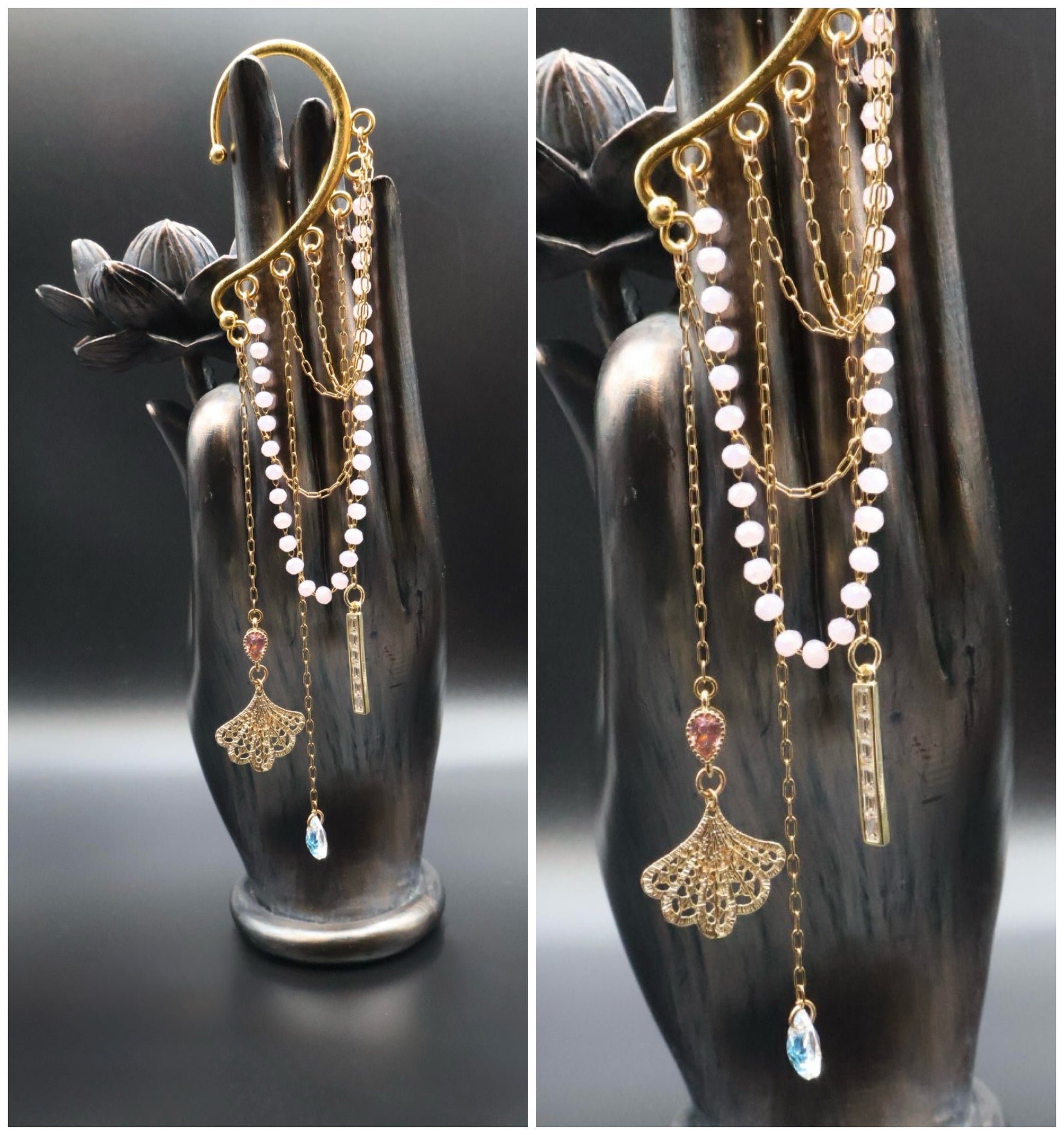 Gold and pearl necklace on a black hand-shaped stand with a dark background