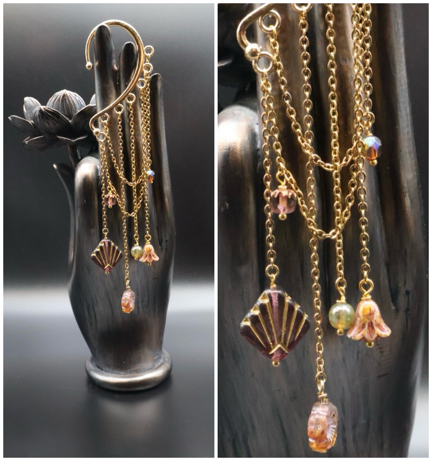 Gold chain earrings with various charms on a black hand-shaped stand.
