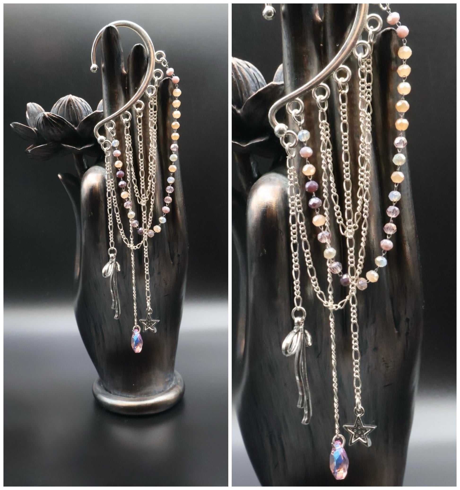 Collage of silver necklaces with star and heart pendants on a black hand-shaped stand.