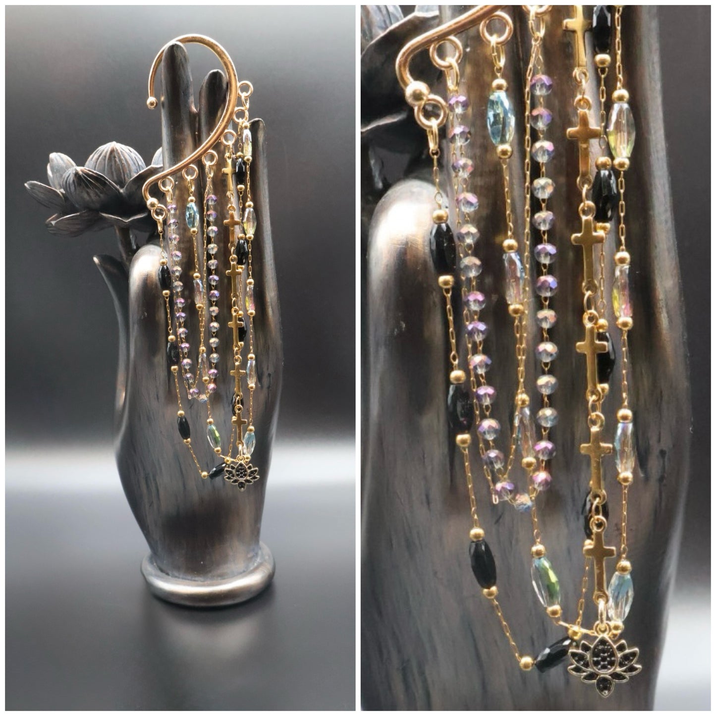 Jewelry display with beaded necklaces and earrings on a decorative hand-shaped stand.