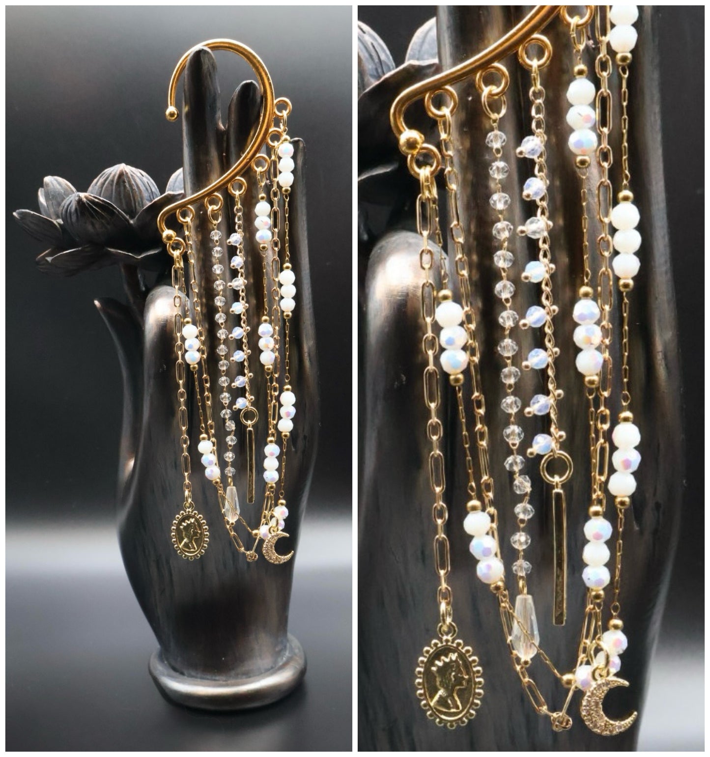 Delicate gold and pearl necklace on a black mannequin bust against a dark background