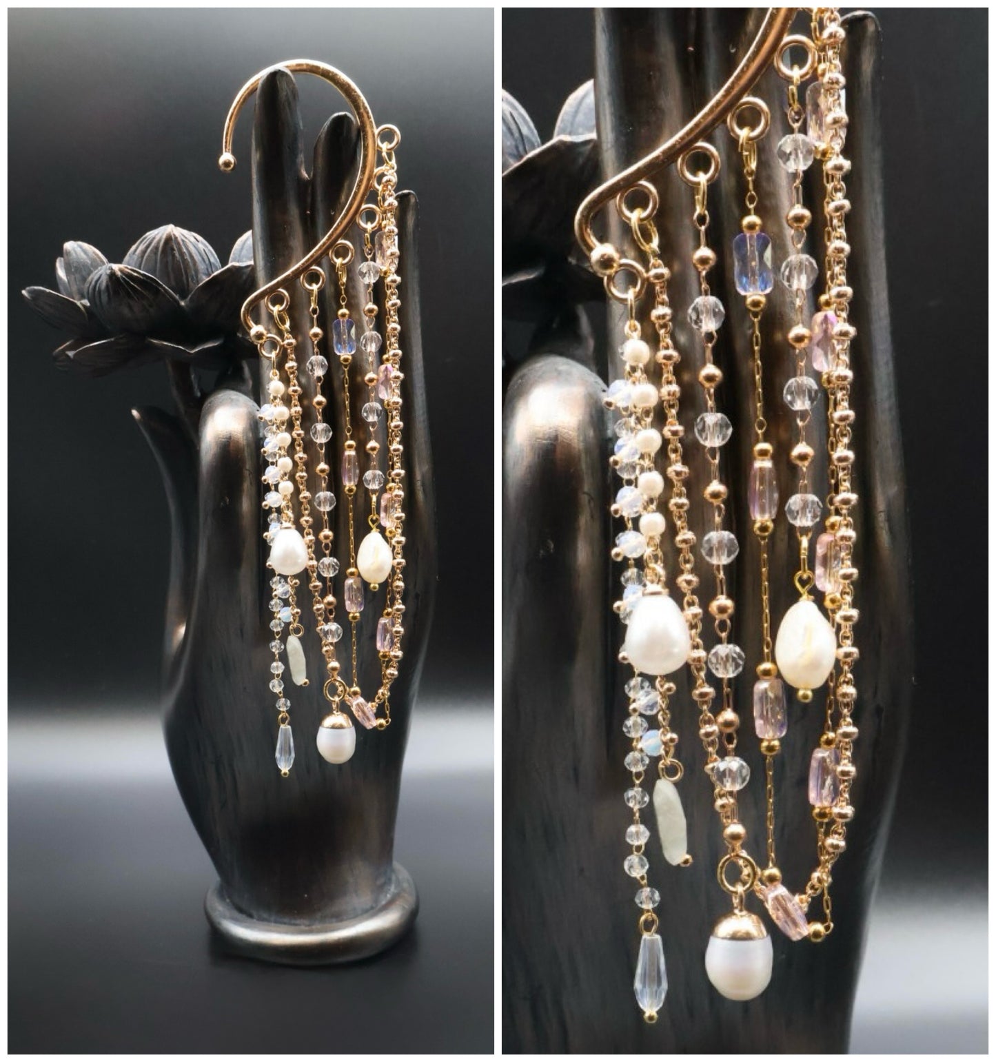 Multistrand beaded necklace with gold and clear beads on a black mannequin.