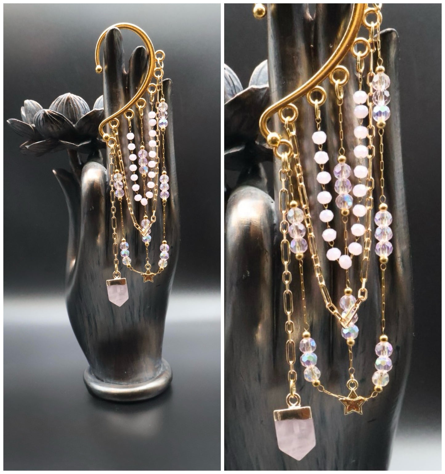 Gold and crystal beaded necklace on a black hand-shaped stand against a dark background