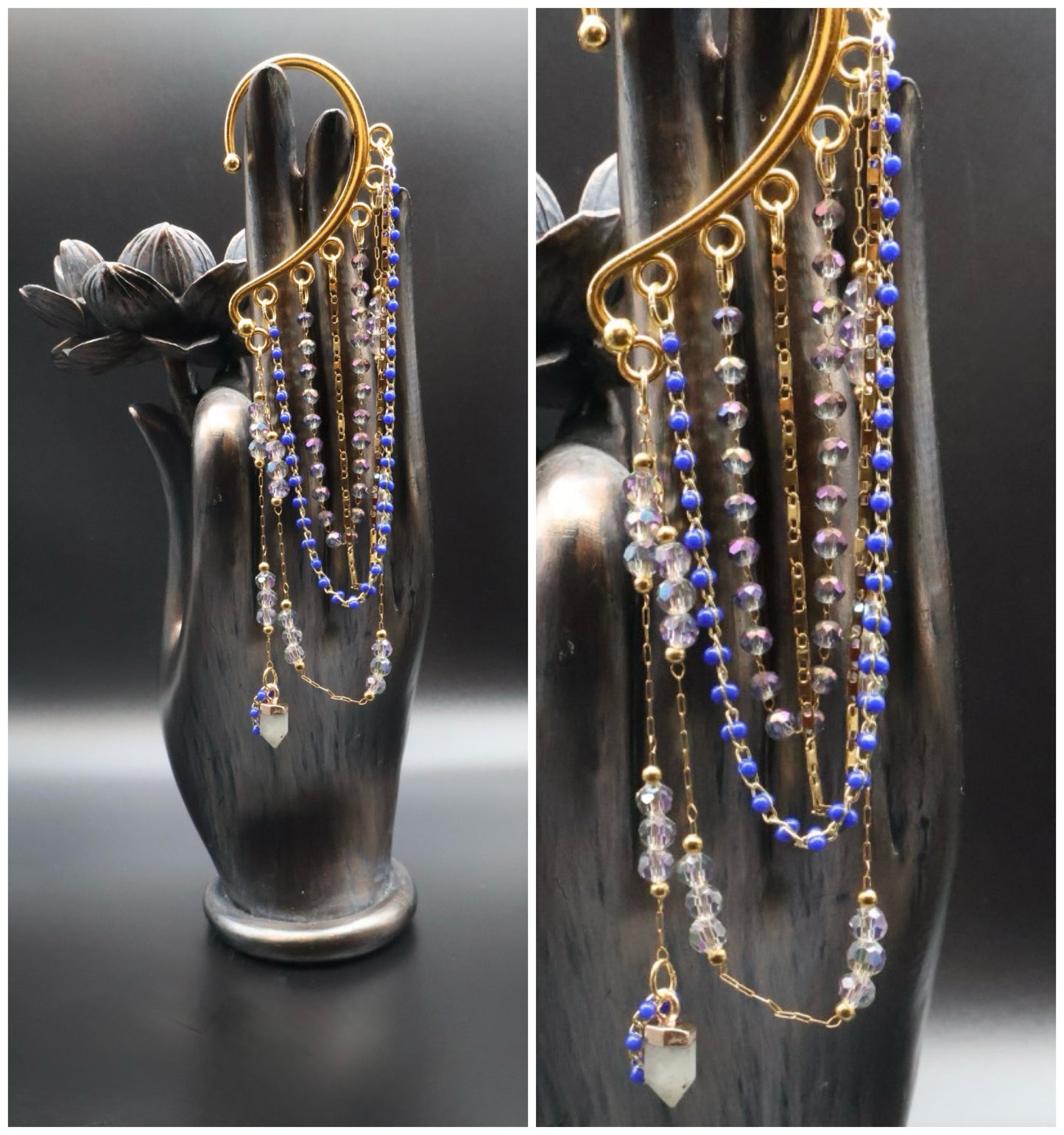 Pair of beaded earrings on a black hand-shaped stand with a gray background