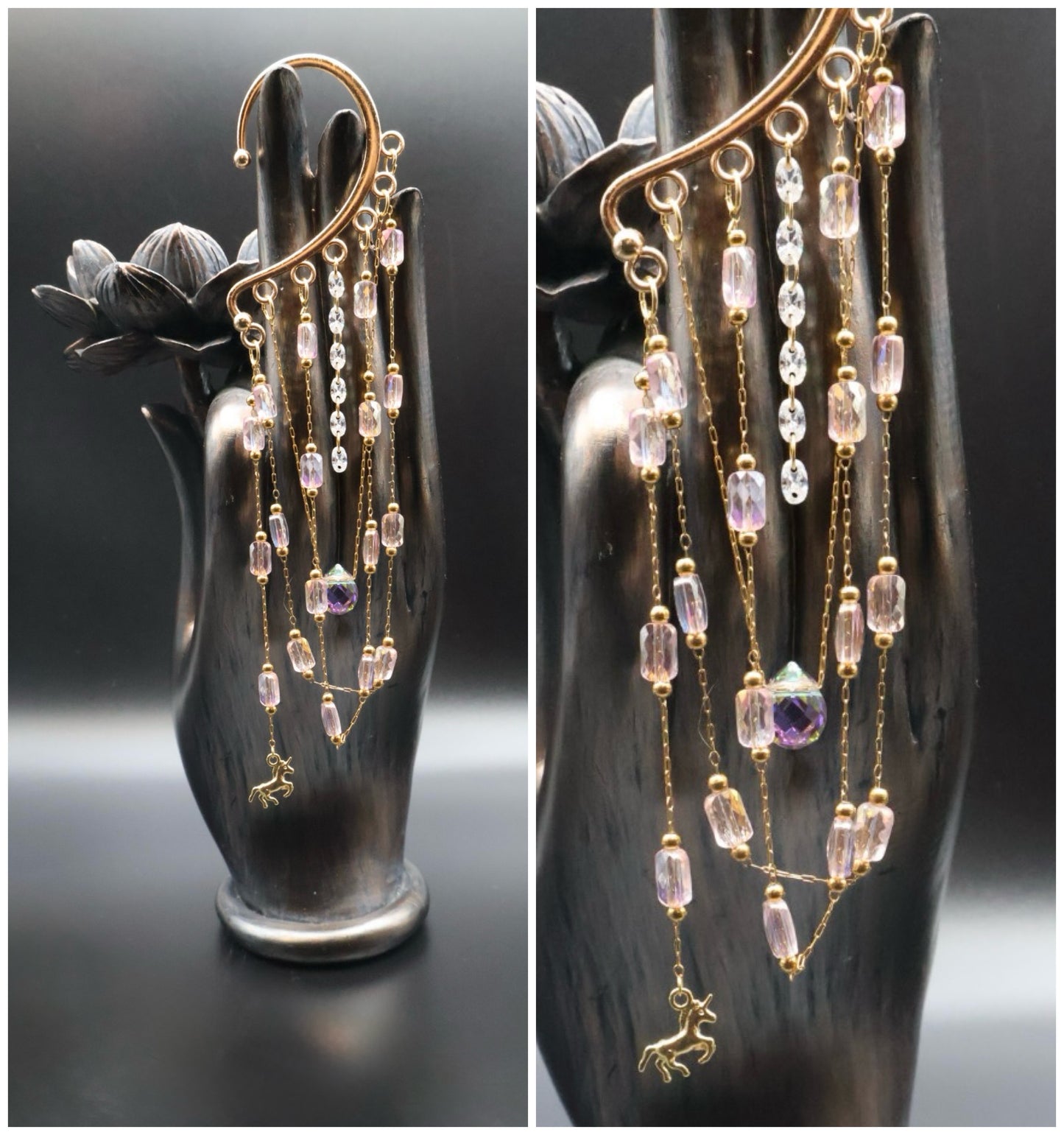 Delicate gold and crystal earrings on a black hand-shaped stand.