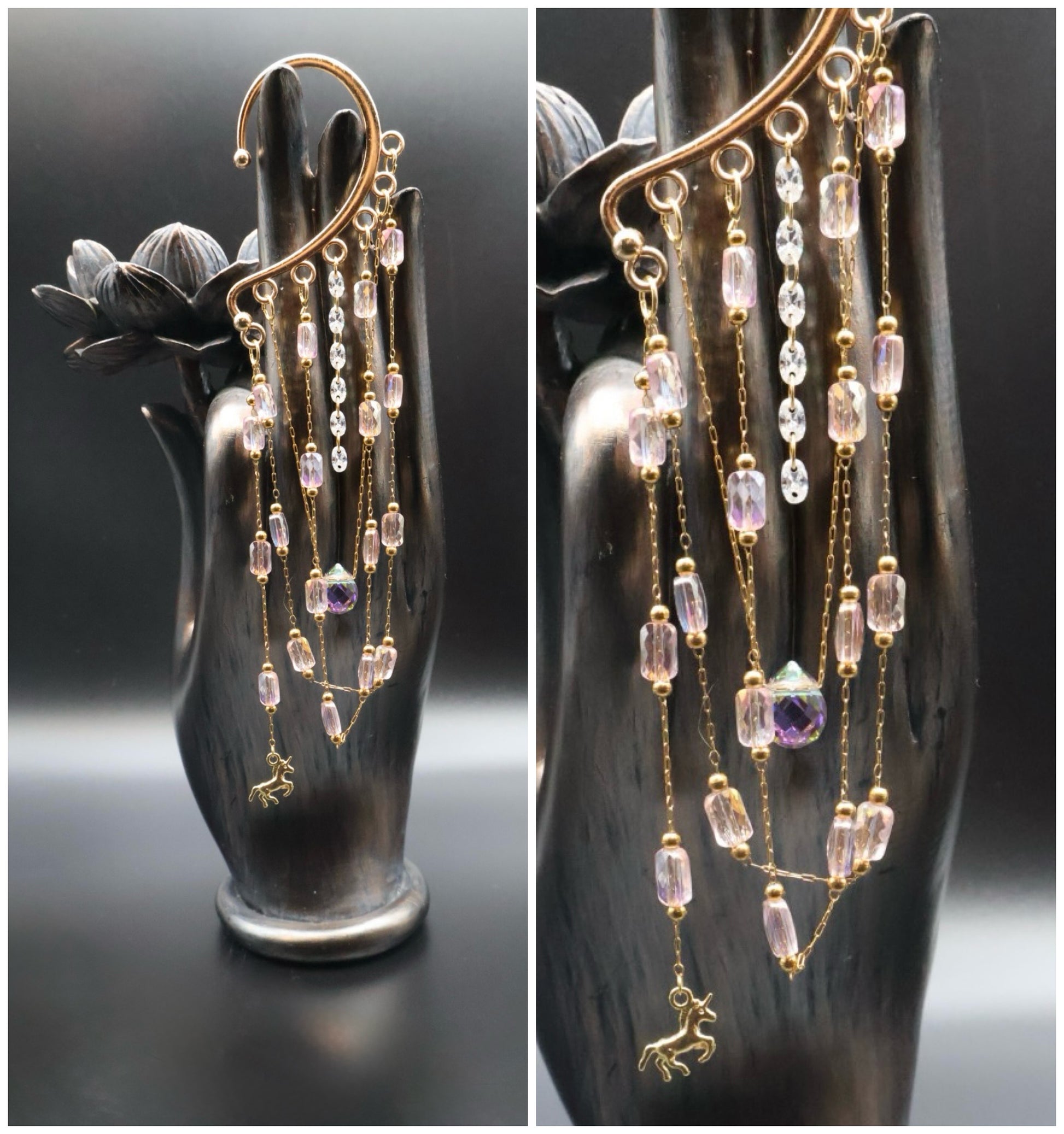 Delicate gold and crystal earrings on a black hand-shaped stand.
