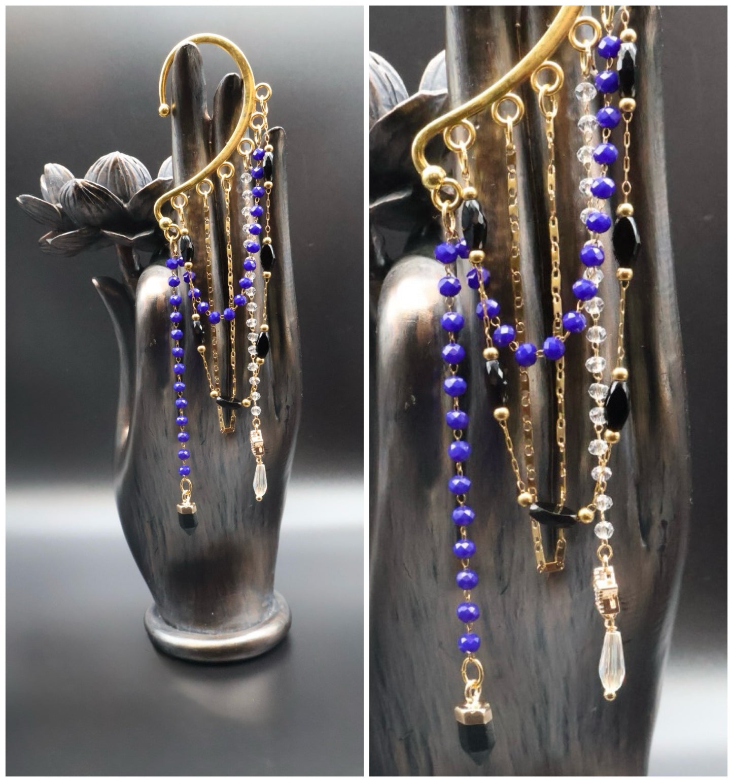 Pair of beaded earrings with blue, gold, and clear beads on a black hand-shaped stand.
