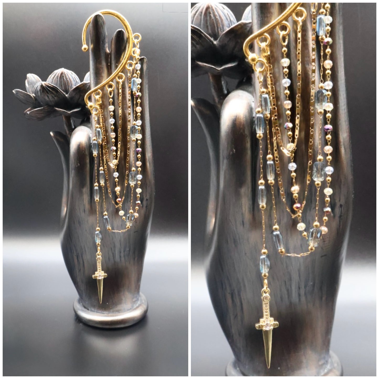 Jewelry display with beaded necklaces on a decorative hand sculpture.