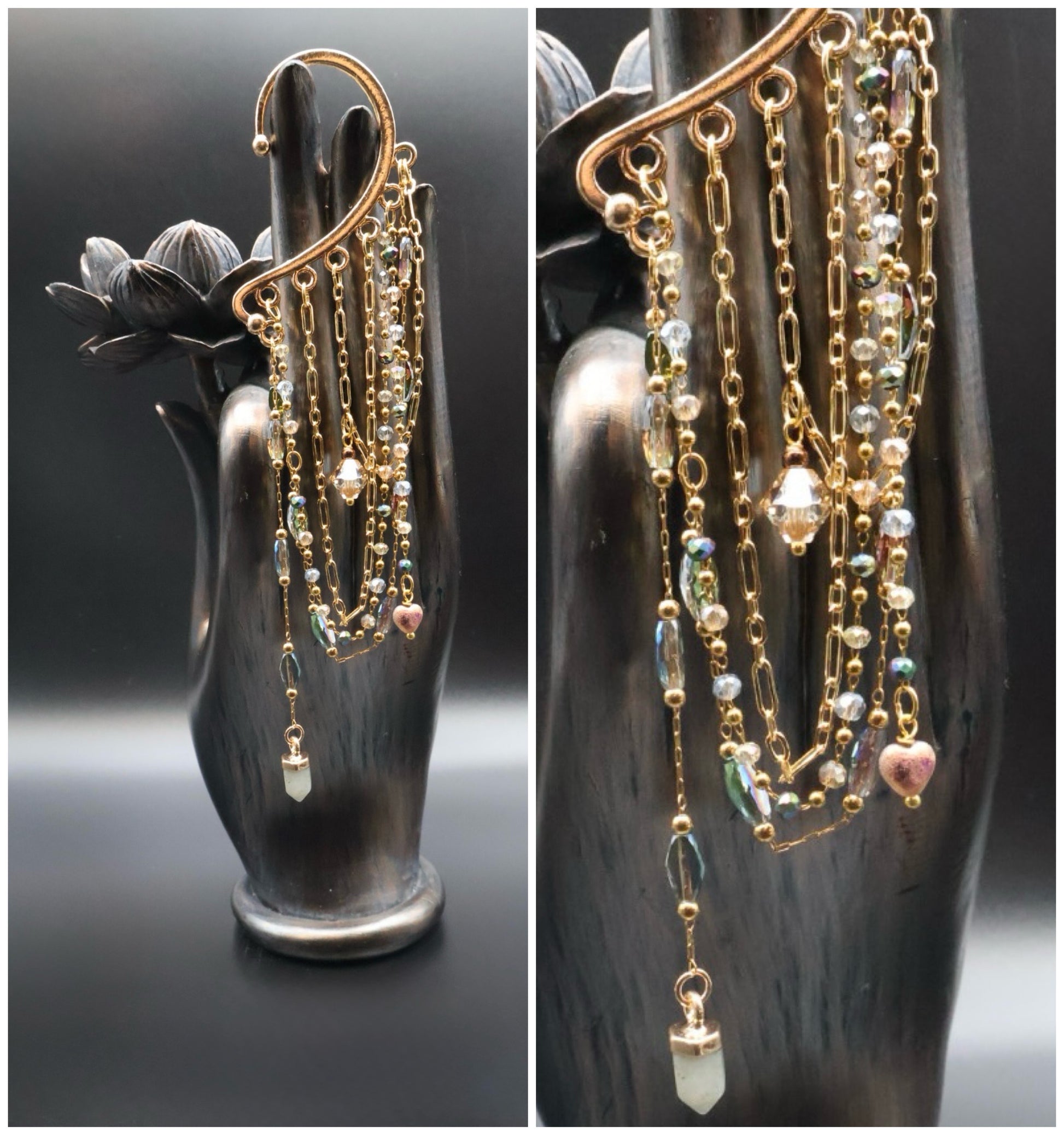 Gold chain earrings with beads on a black mannequin hand