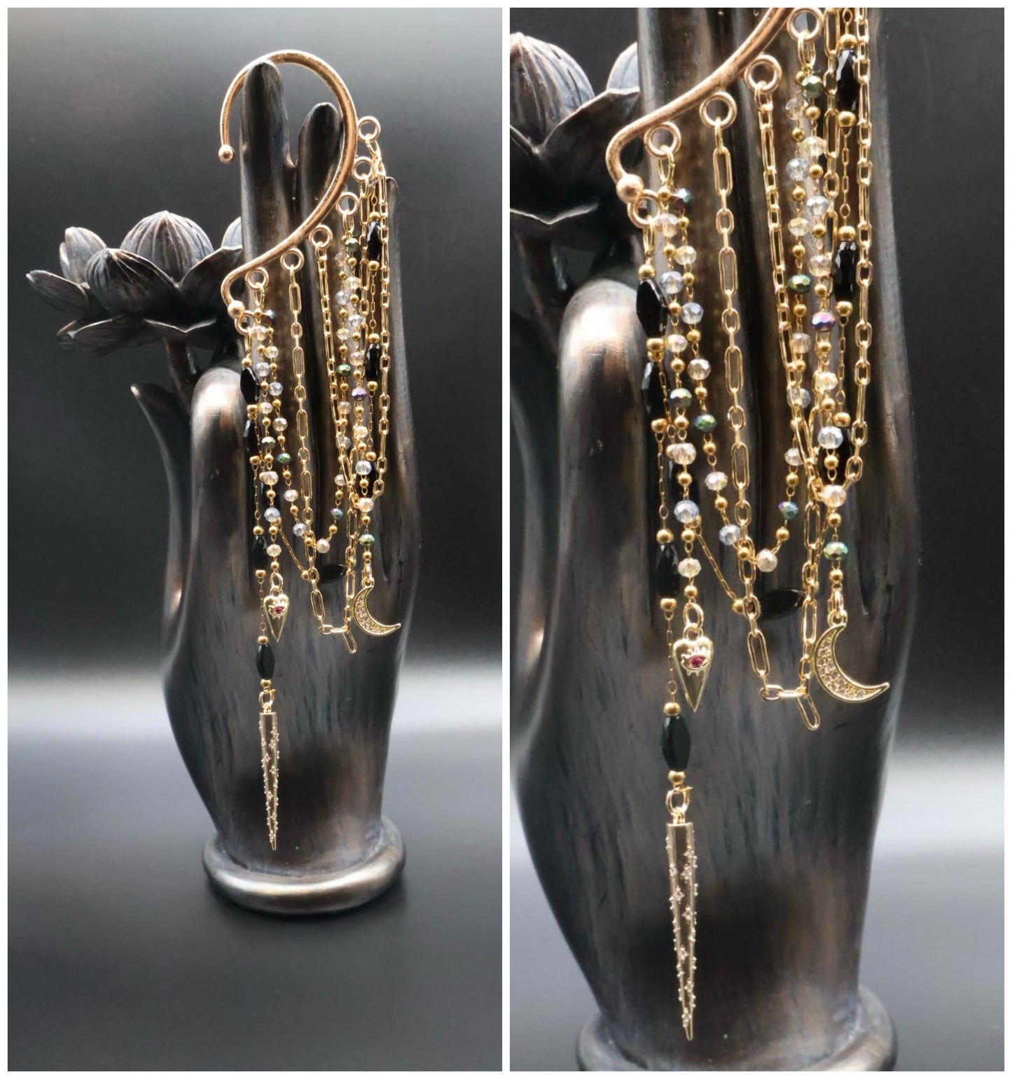 Gold chain earrings displayed on a black hand-shaped jewelry stand.