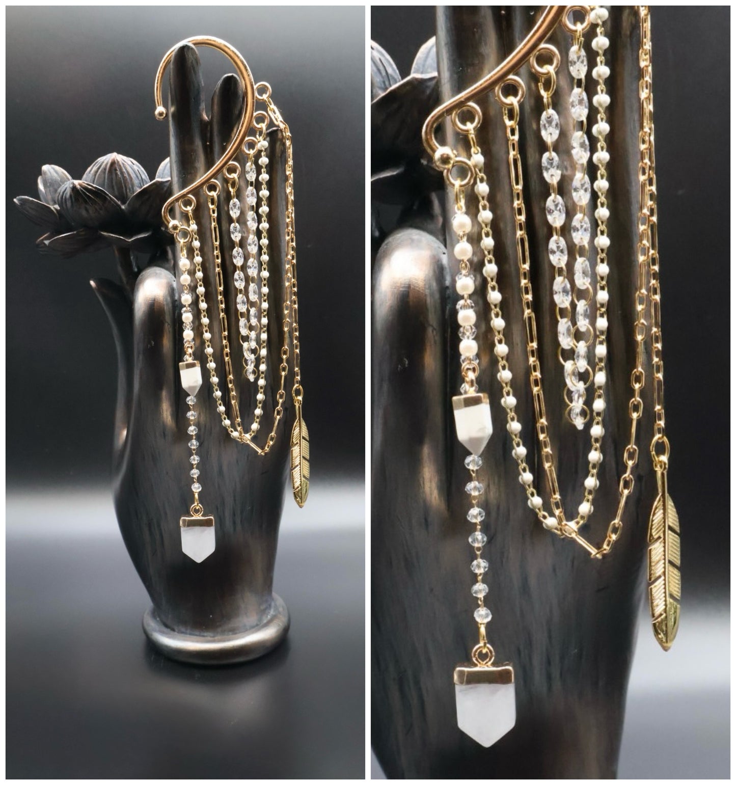 Gold and silver beaded necklace with feather pendant on a black mannequin hand.